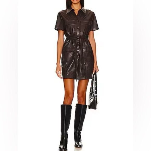 House of Harlow 1960 Sarai Black Faux Leather Mini Shirt Dress medium MSRP $179 - Picture 1 of 7